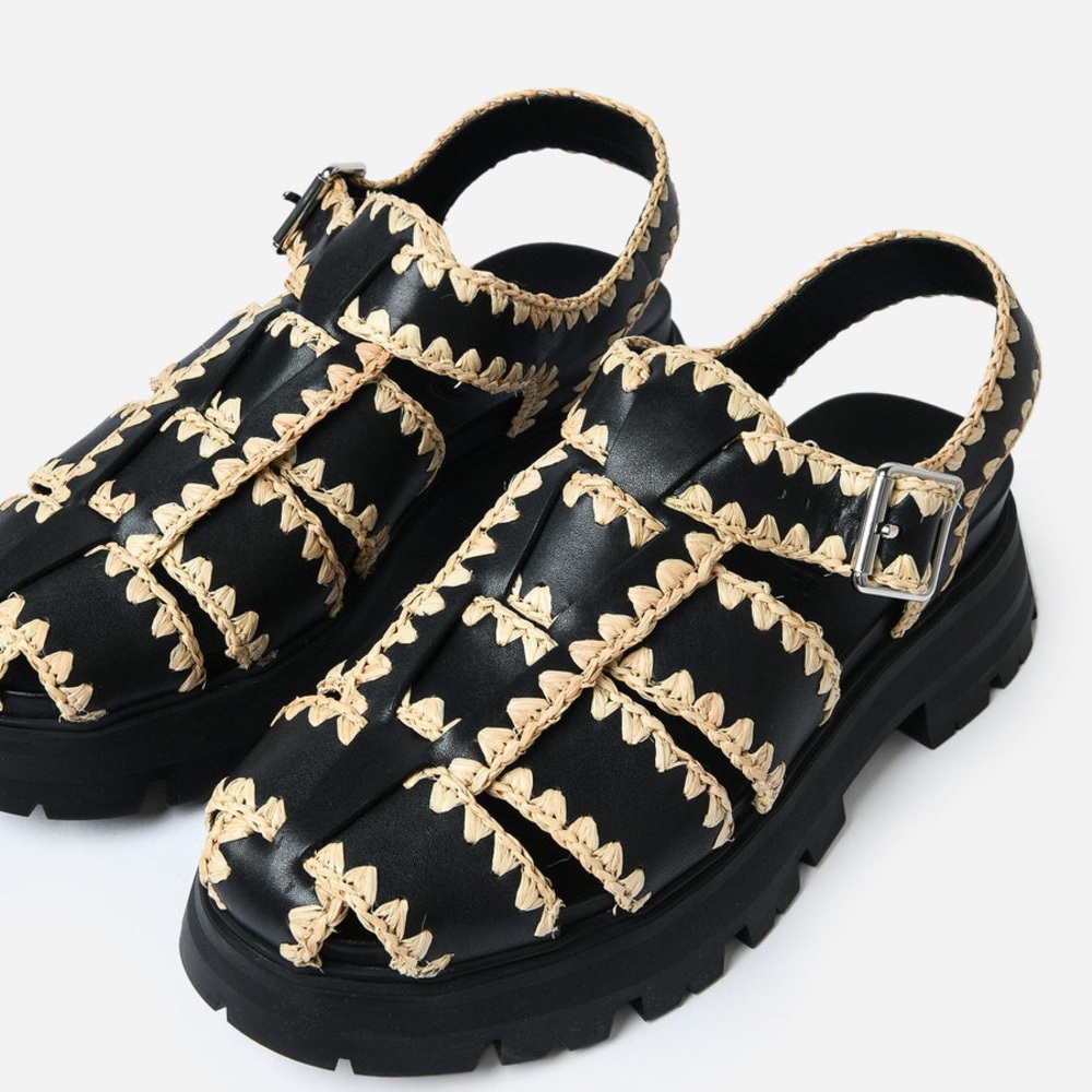 Loeffler Randall Black Leather Woven-Trim Sandals